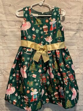 Bonnie Jean Dark Green Nutcracker & Tree Holiday Dress with Gold Accents